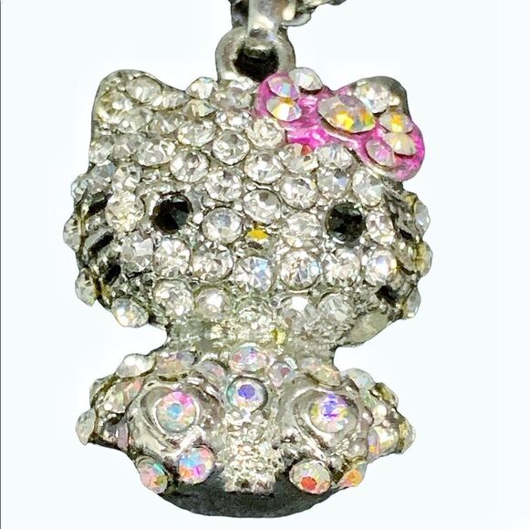Hello kitty crystal pendant necklace pink bow 18” chain pendant 1” x .75” sweet - Picture 1 of 8